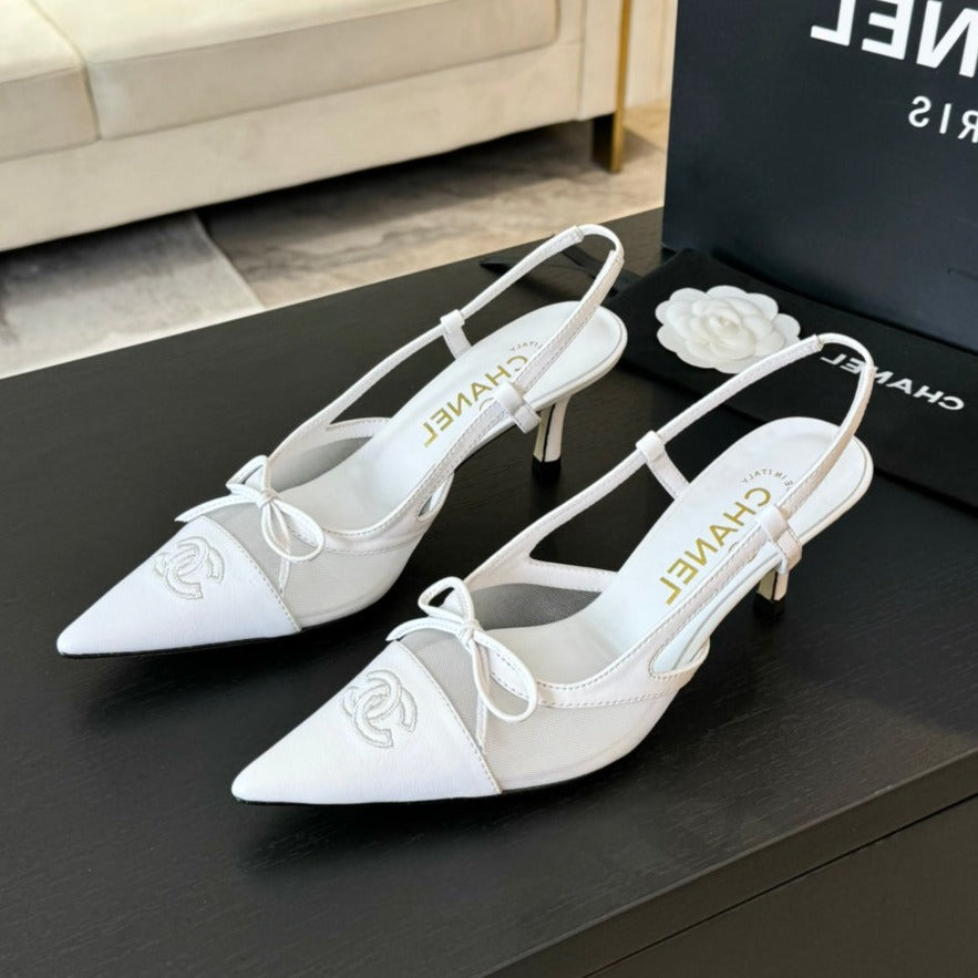 Chanel Mesh Logo Slingbacks in White Lambskin