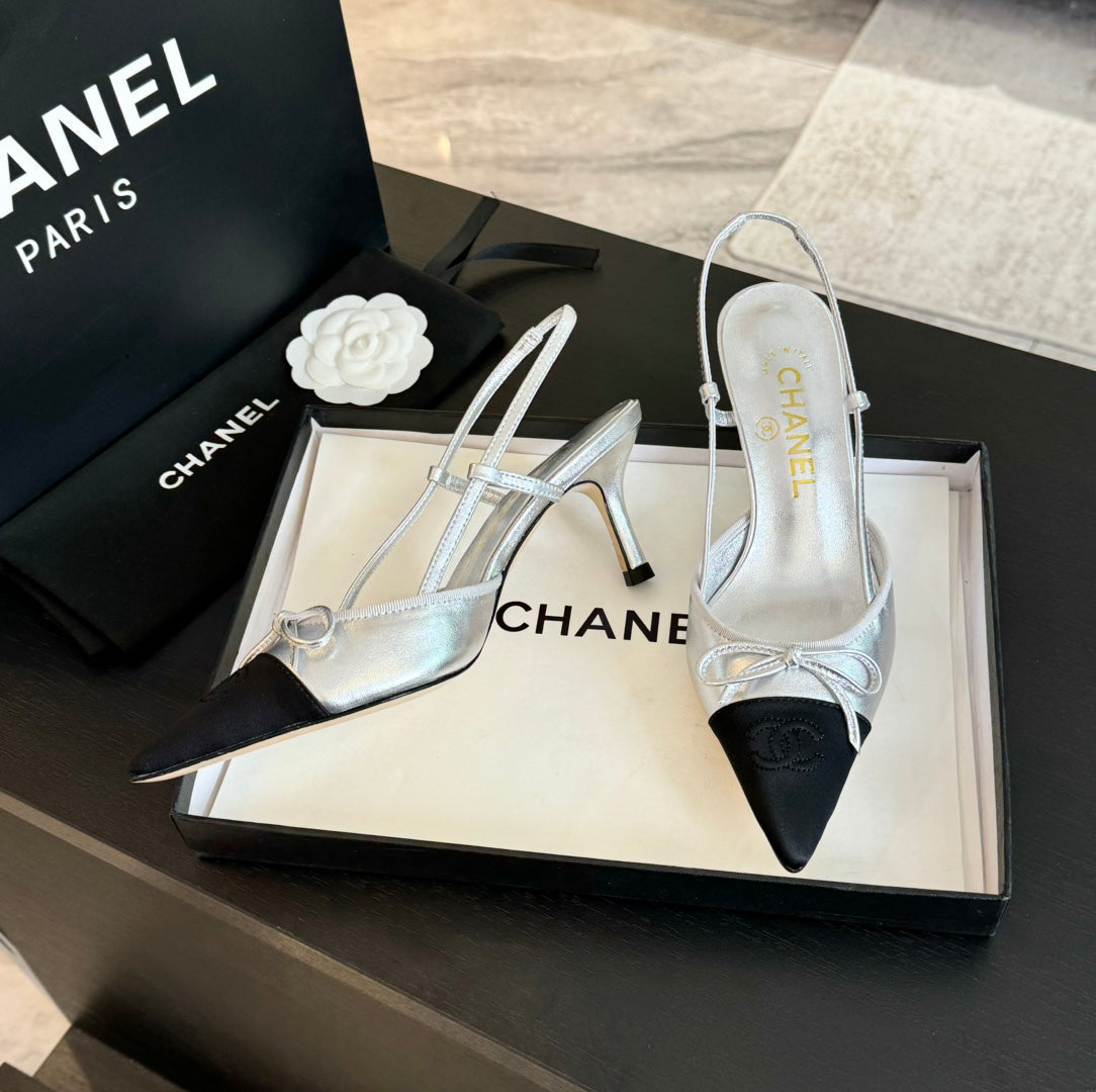 Chanel Slingback with Bow in Silver Mix Black Lambskin