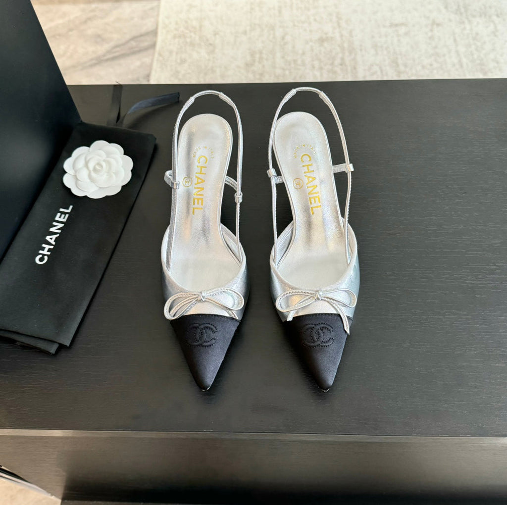 Chanel Slingback with Bow in Silver Mix Black Lambskin