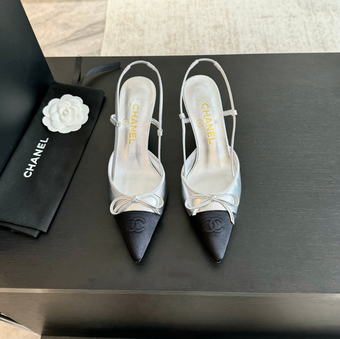 Chanel Slingback with Bow in Silver Mix Black Lambskin