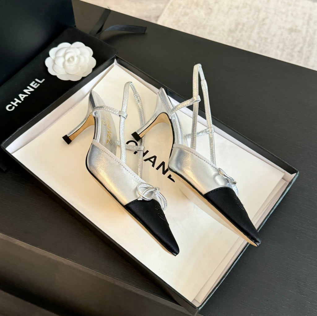 Chanel Slingback with Bow in Silver Mix Black Lambskin