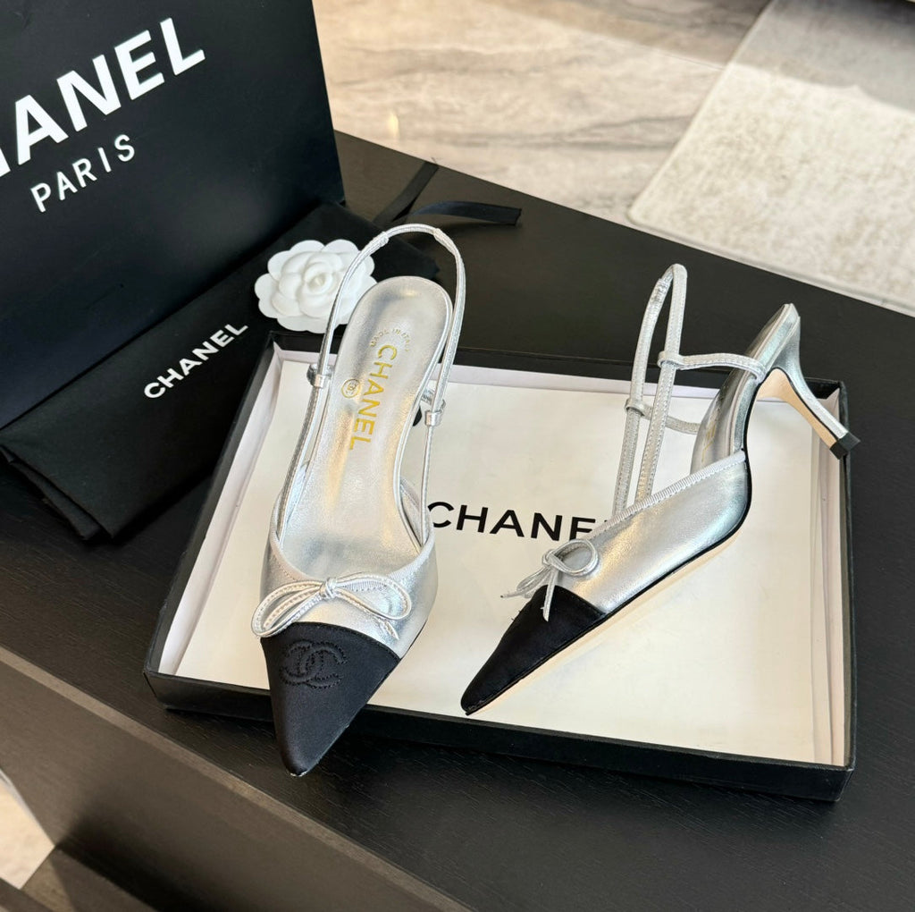 Chanel Slingback with Bow in Silver Mix Black Lambskin