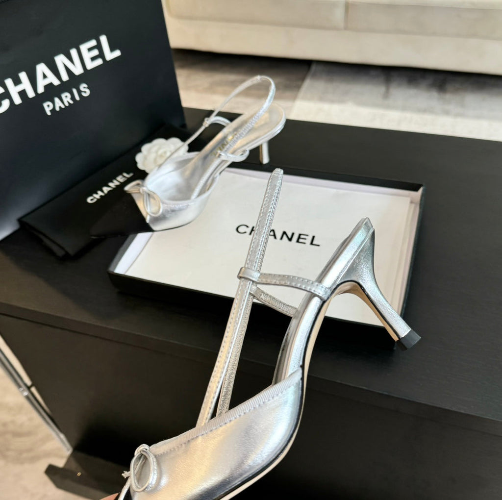 Chanel Slingback with Bow in Silver Mix Black Lambskin