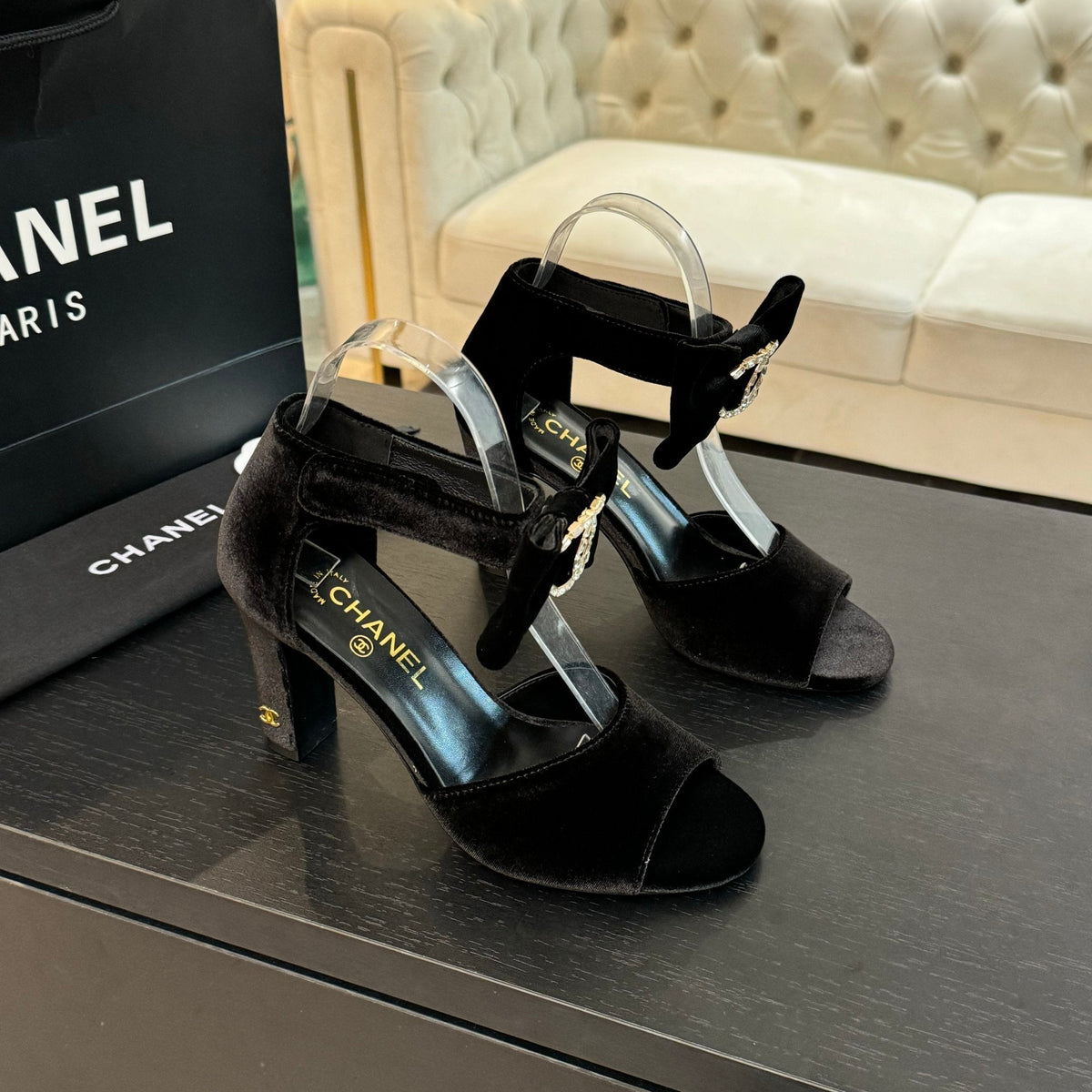 Chanel High Sandal Open Toe in Black Velvet