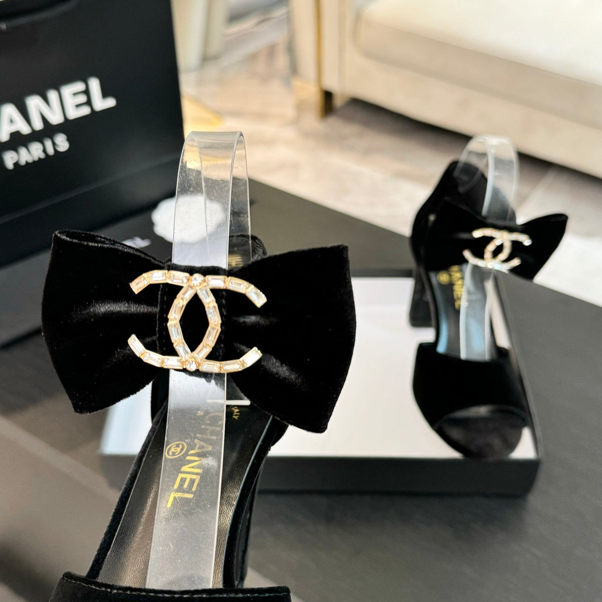 Chanel High Sandal Open Toe in Black Velvet