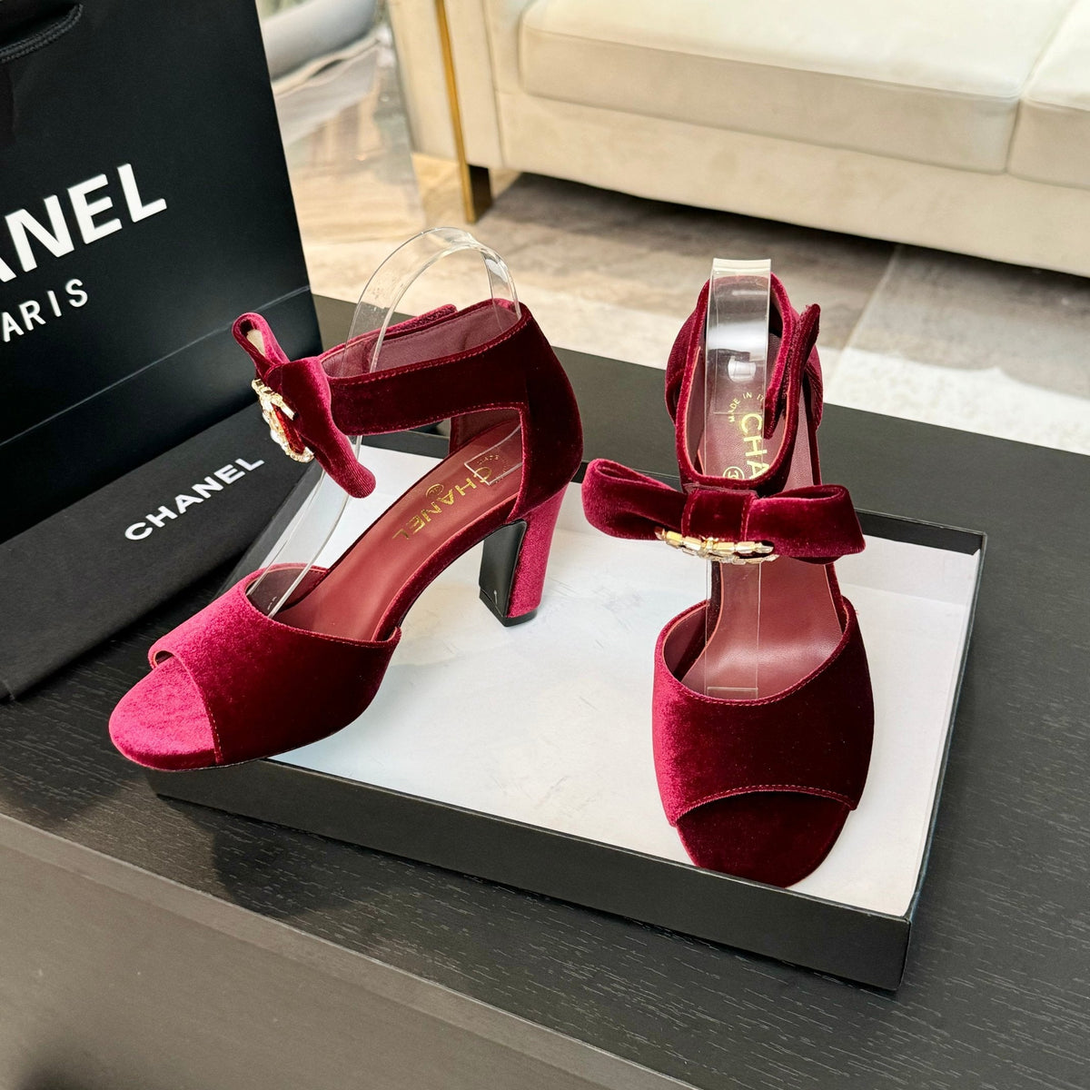 Chanel High Sandal Open Toe in Maroon Red Velvet