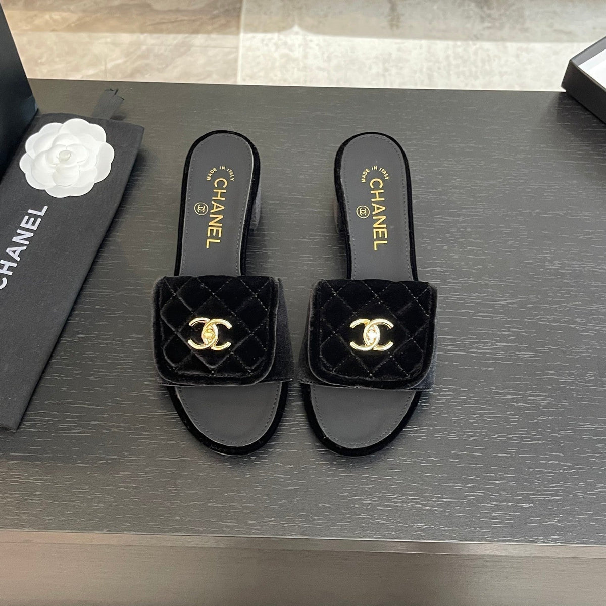 Chanel Mid-Heel 5 cm Mule in Black Velvet