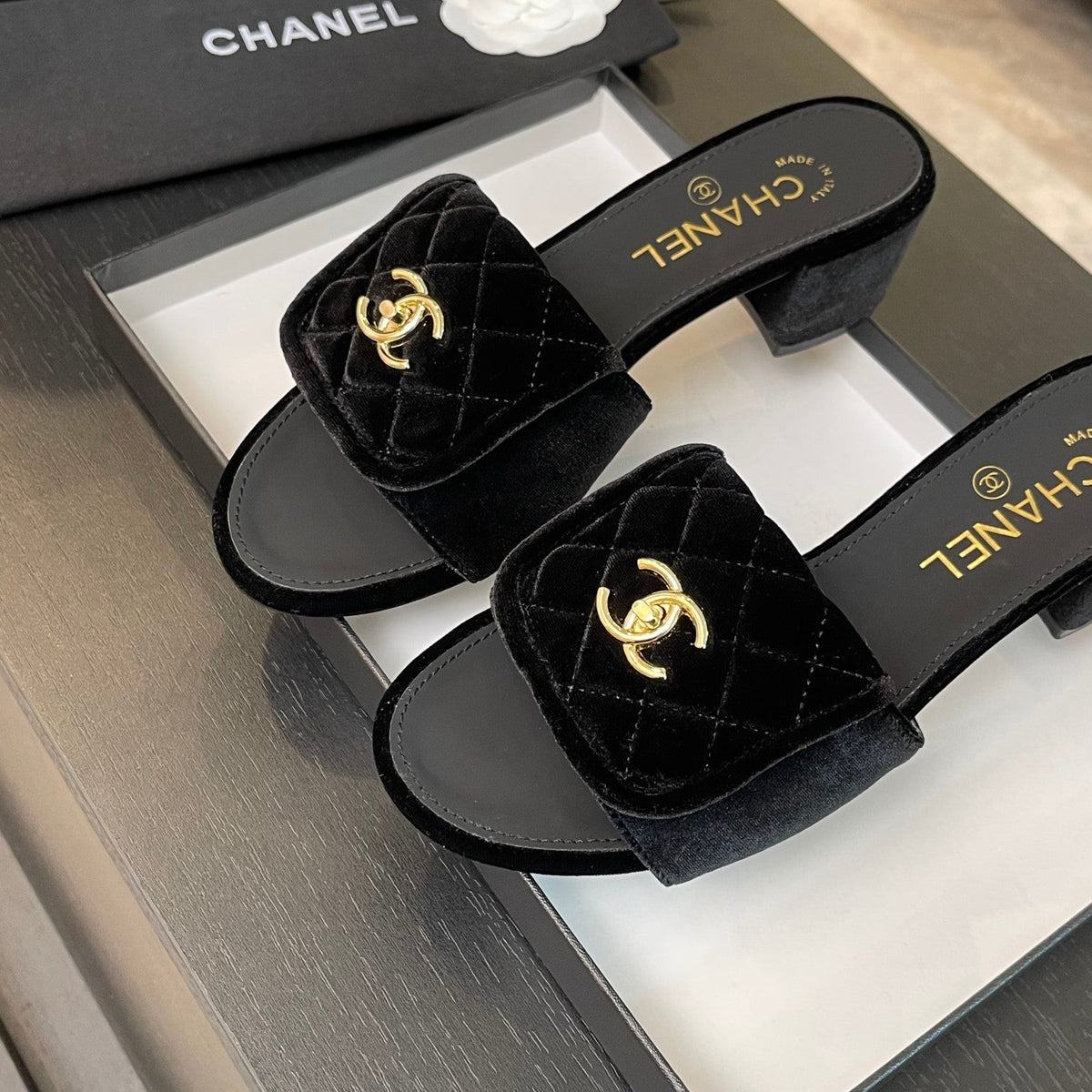 Chanel Mid-Heel 5 cm Mule in Black Velvet