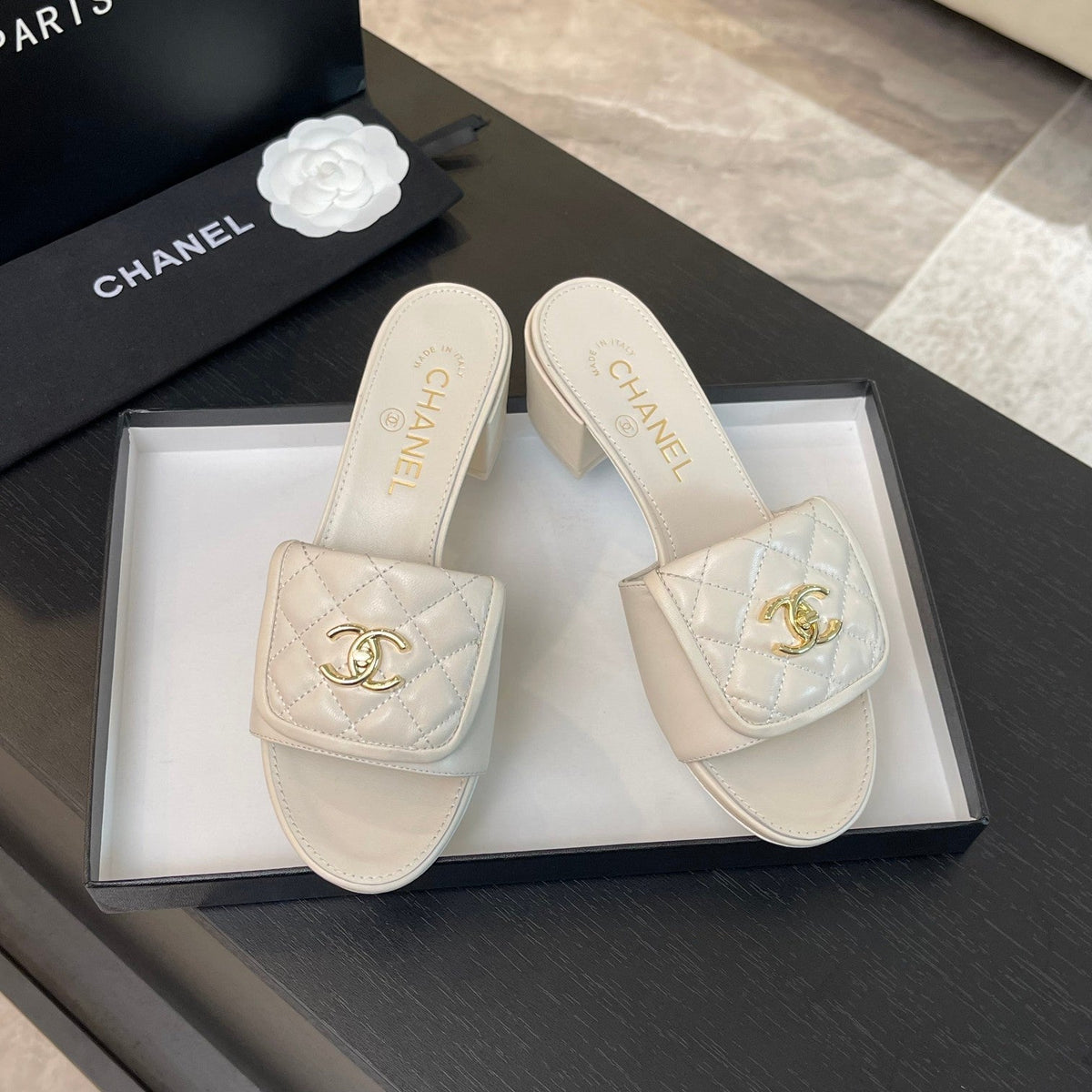 Chanel Mid-Heel 5 cm Mule in White Lambskin