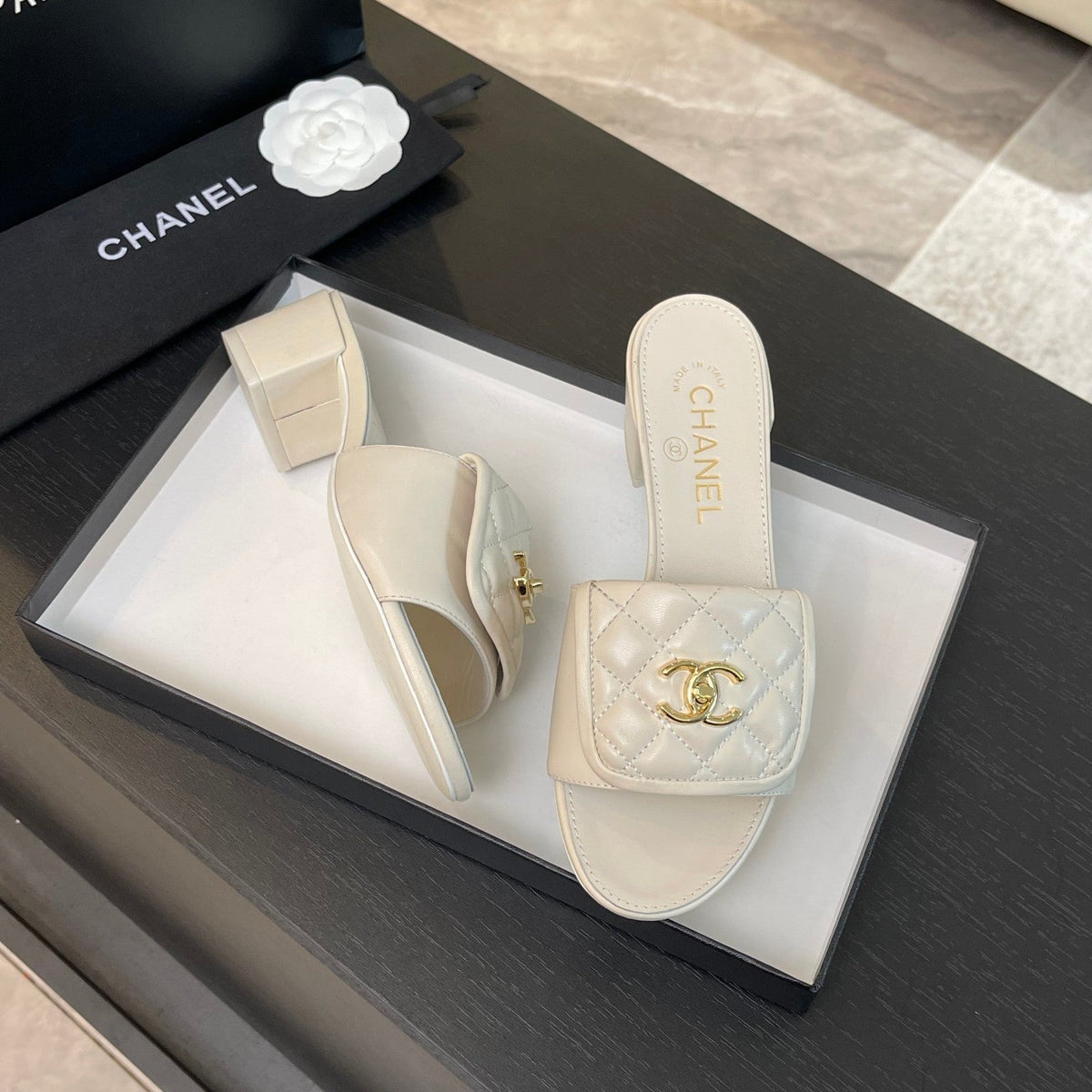 Chanel Mid-Heel 5 cm Mule in White Lambskin