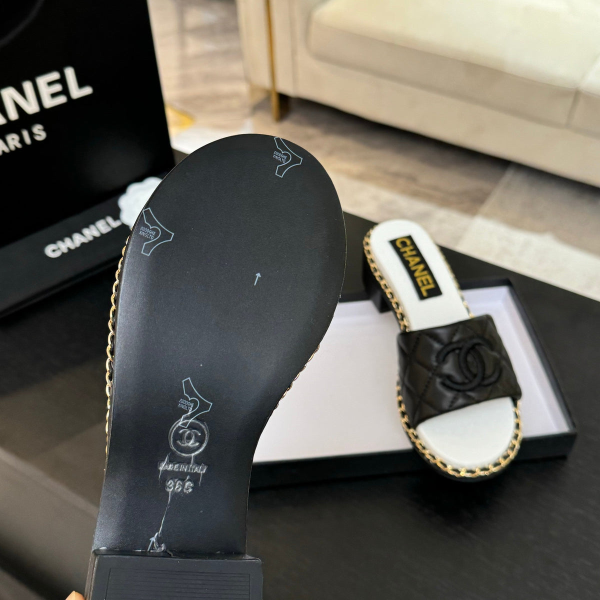 Chanel High Flatform Slipper in Black Embossed Sheepskin