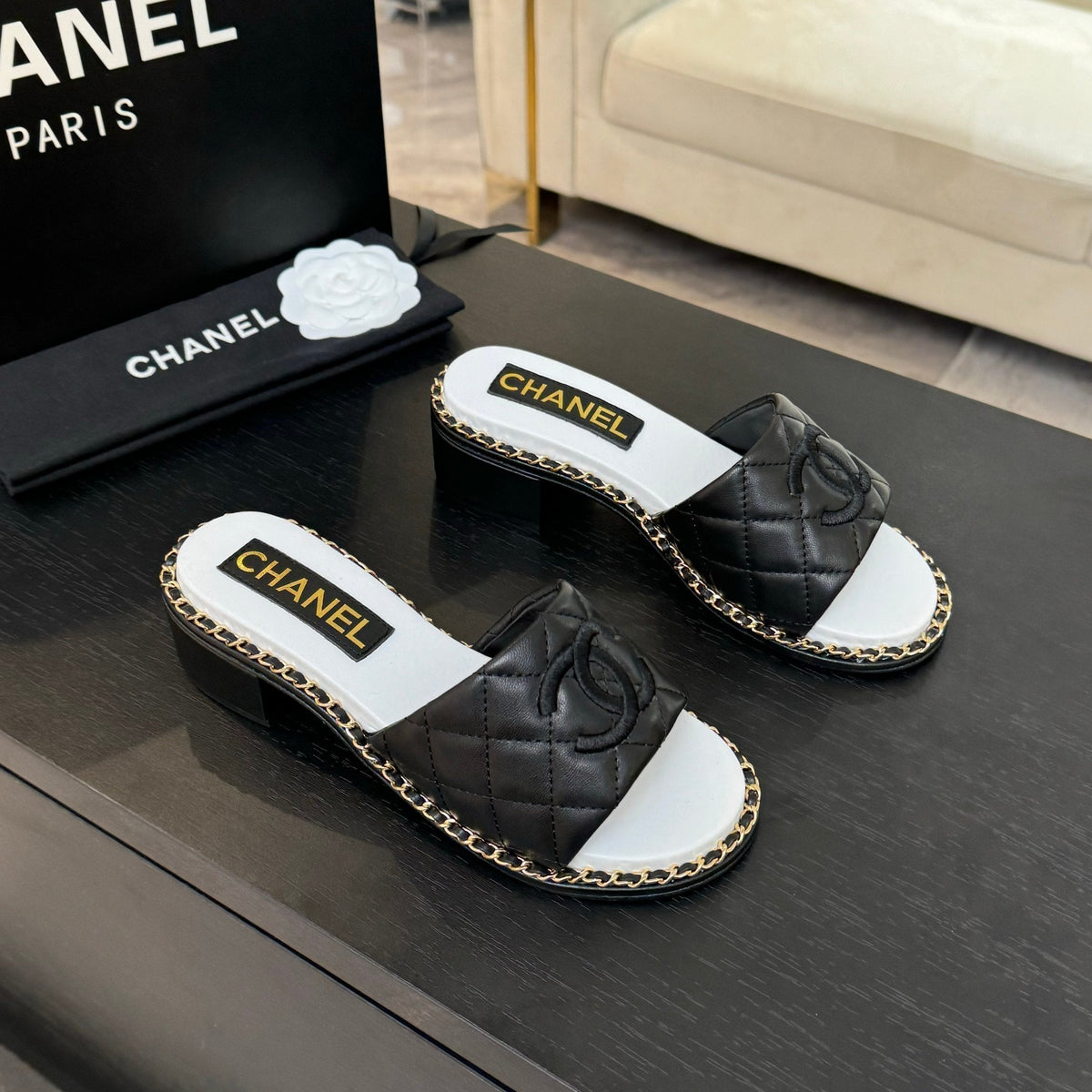Chanel High Flatform Slipper in Black Embossed Sheepskin