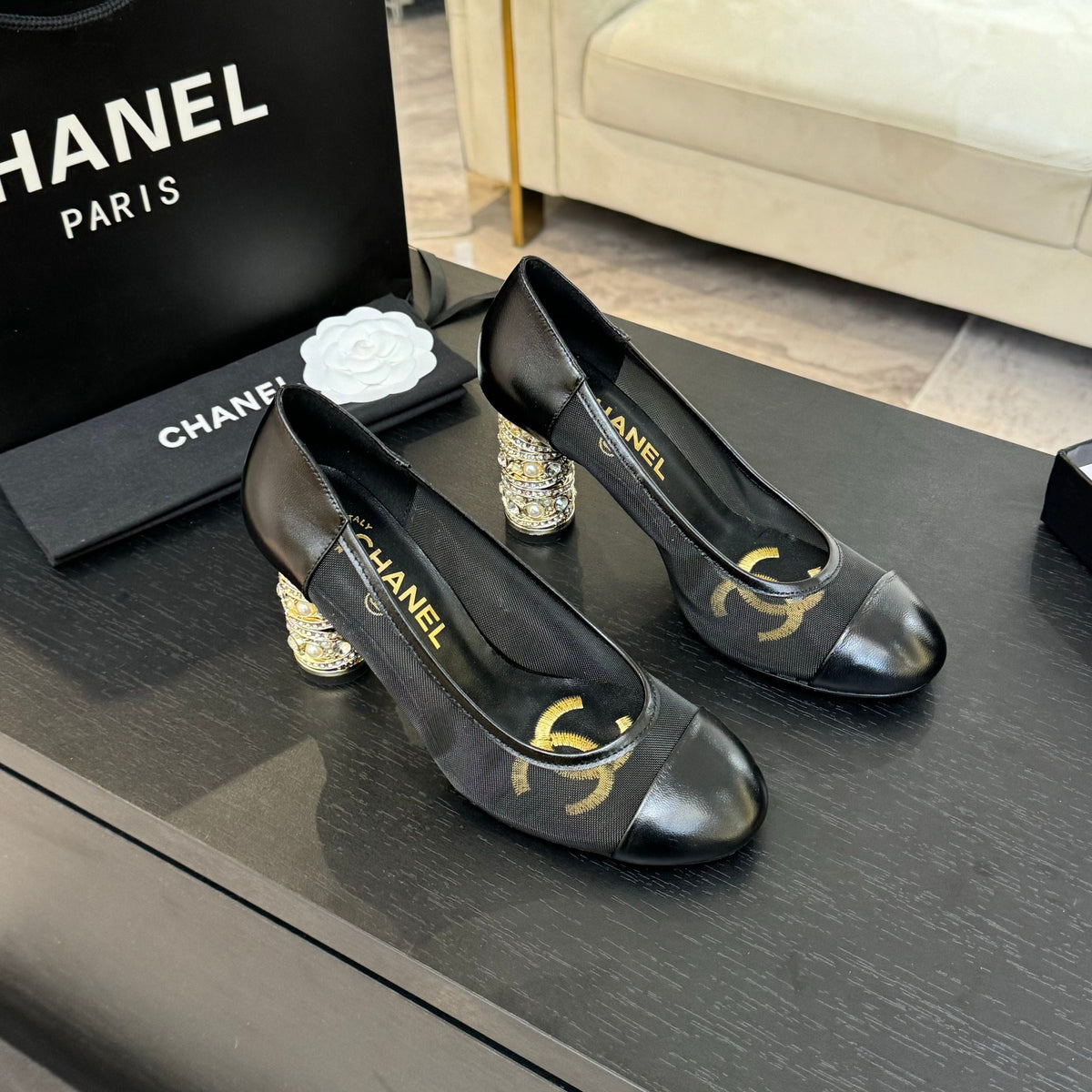 Chanel High Heel 85 mm Sandals in Black Calfskin and Mesh