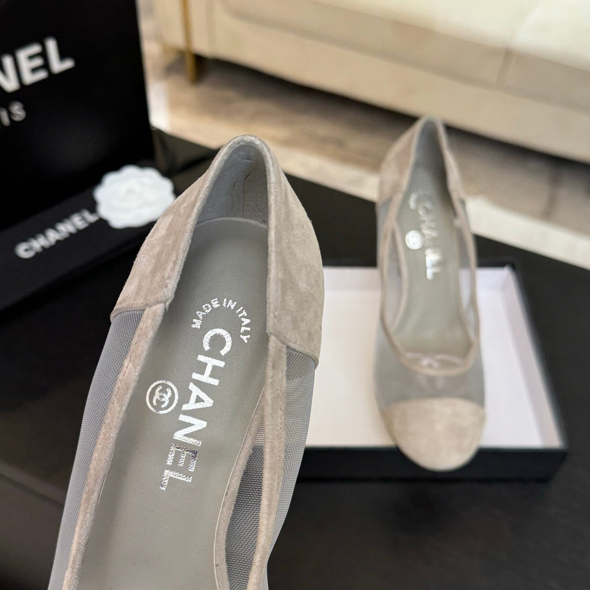 Chanel High Heel 85 mm Sandals in Pale Gray Suede and Mesh