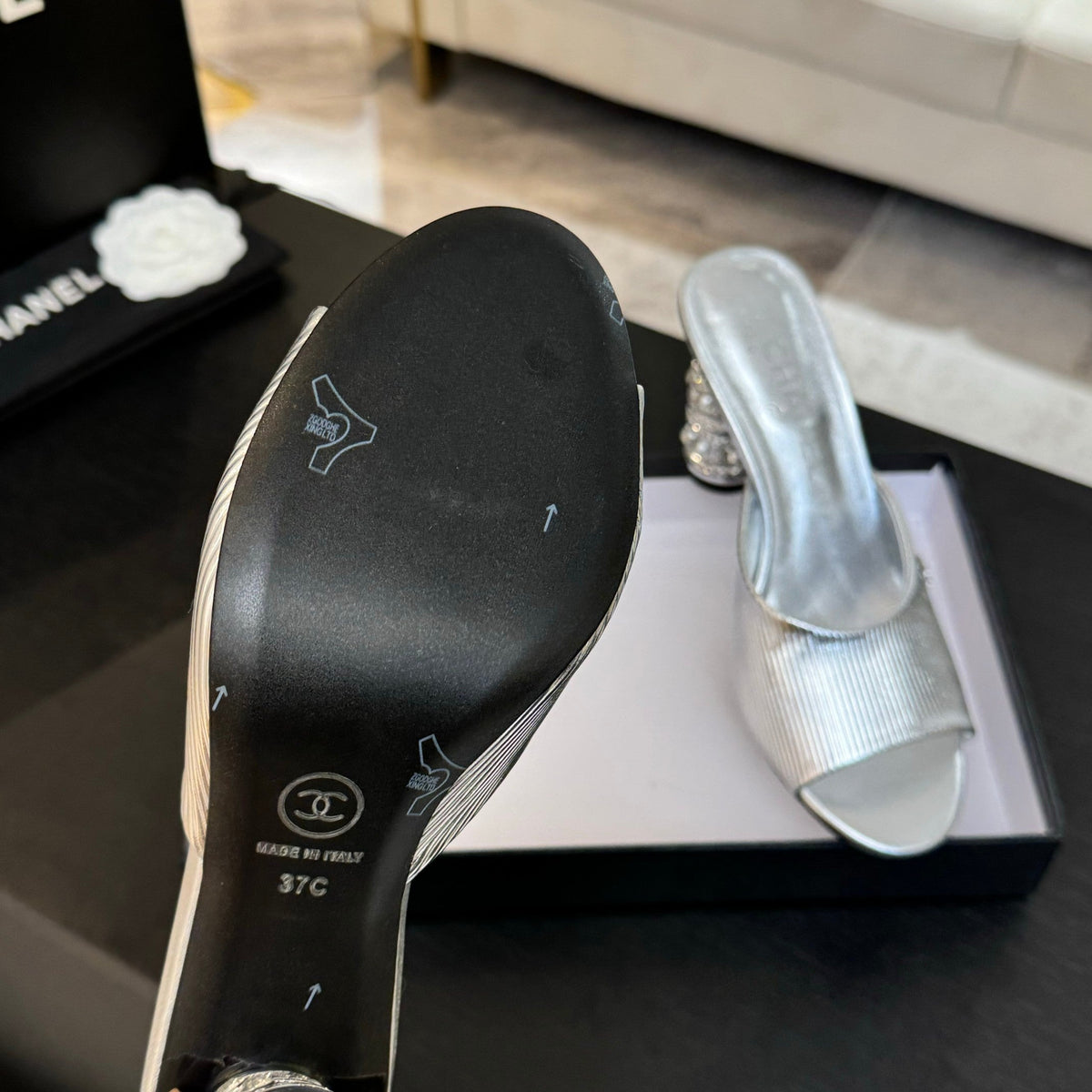 Chanel T-Strap Pearl Heel 85 mm Sandals in Silver Lambskin Mule