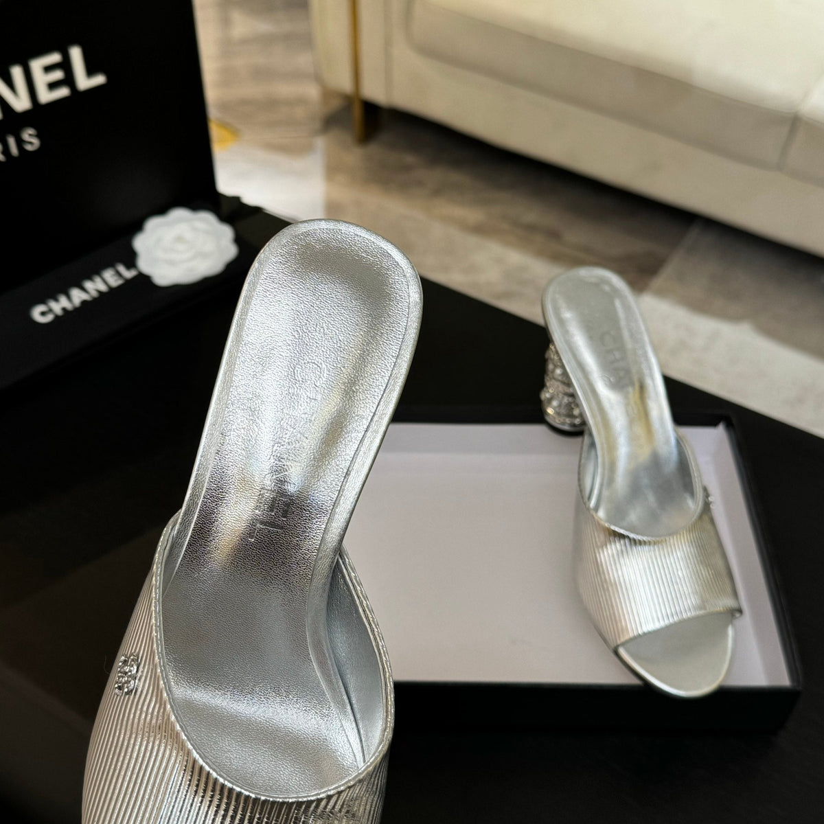 Chanel T-Strap Pearl Heel 85 mm Sandals in Silver Lambskin Mule