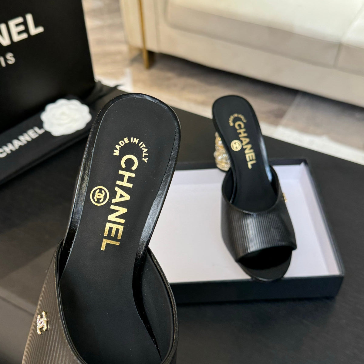 Chanel T-Strap Pearl Heel 85 mm Sandals in Black Lambskin Mule