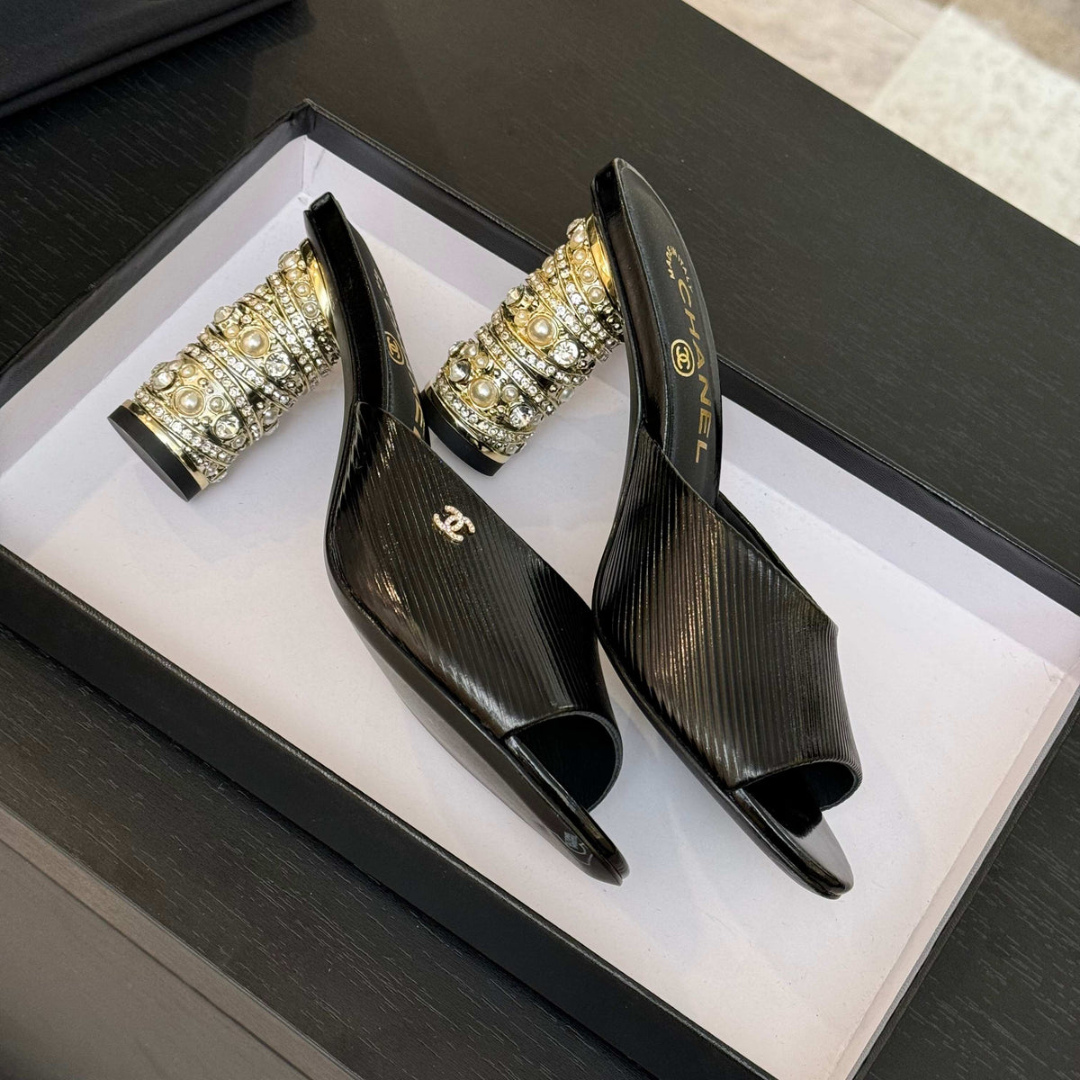 Chanel T-Strap Pearl Heel 85 mm Sandals in Black Lambskin Mule