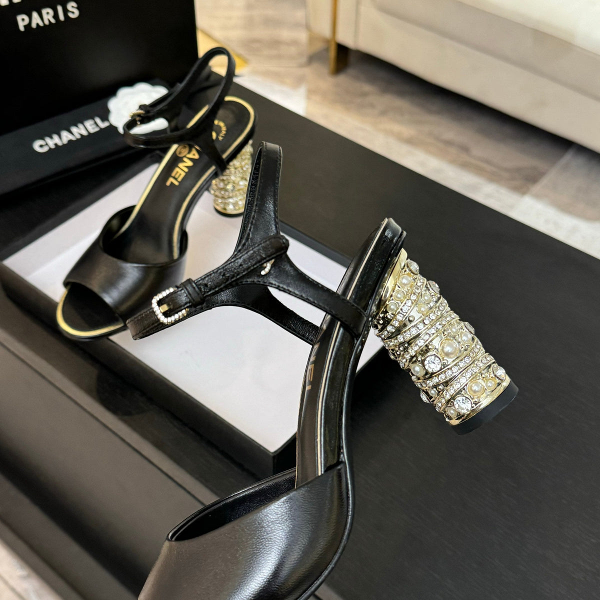 Chanel T-Strap Pearl Heel 85 mm Sandals in Black Lambskin