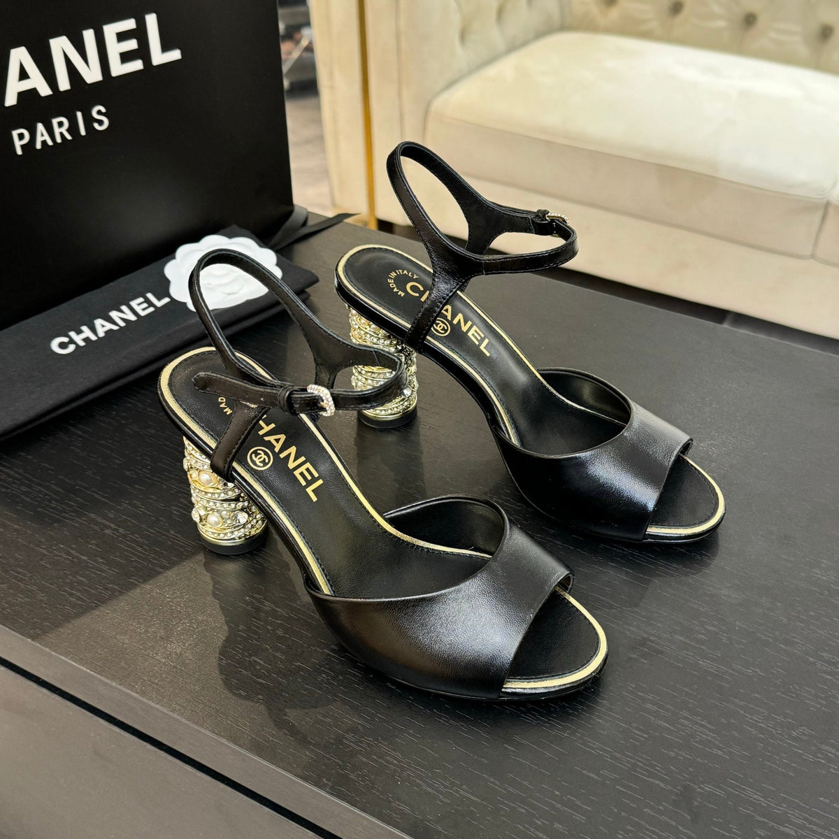 Chanel T-Strap Pearl Heel 85 mm Sandals in Black Lambskin