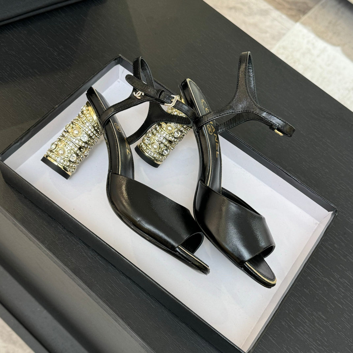 Chanel T-Strap Pearl Heel 85 mm Sandals in Black Lambskin