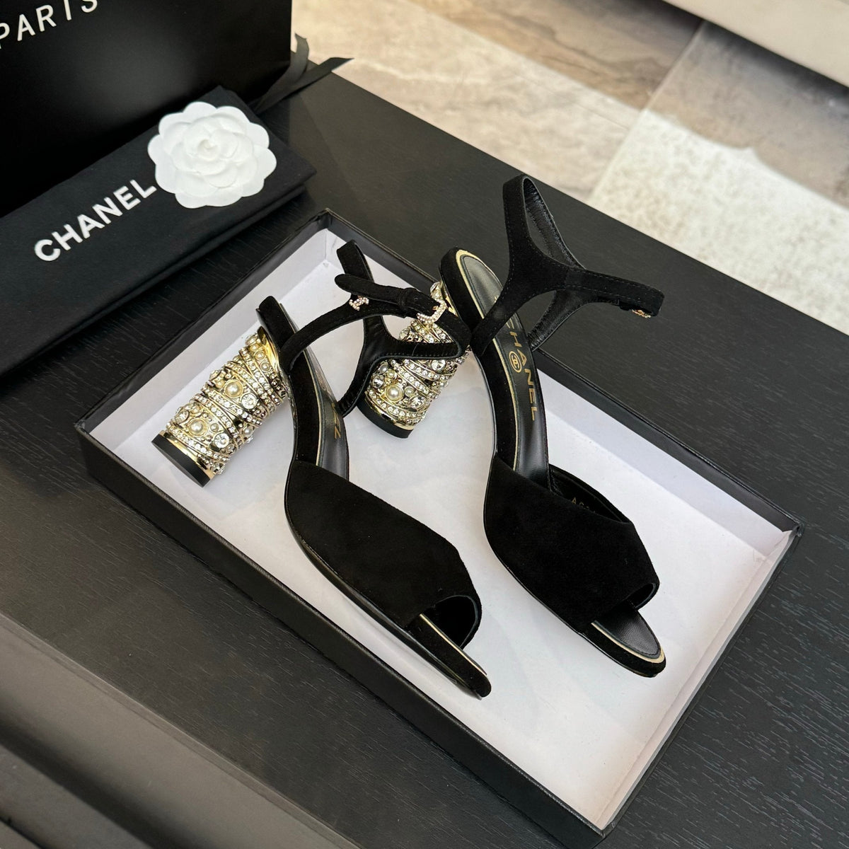 Chanel T-Strap Pearl Heel 85 mm Sandals in Black Suede