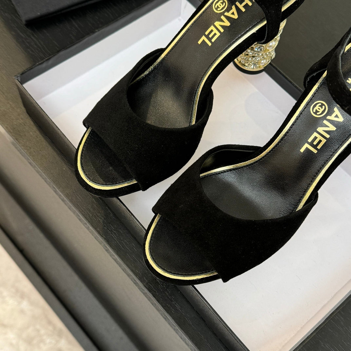 Chanel T-Strap Pearl Heel 85 mm Sandals in Black Suede