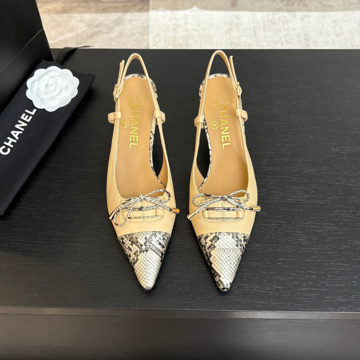 Chanel High Heel Slingbacks 65 mm in Flax Yellow with Snakeskin Pattern Lambskin