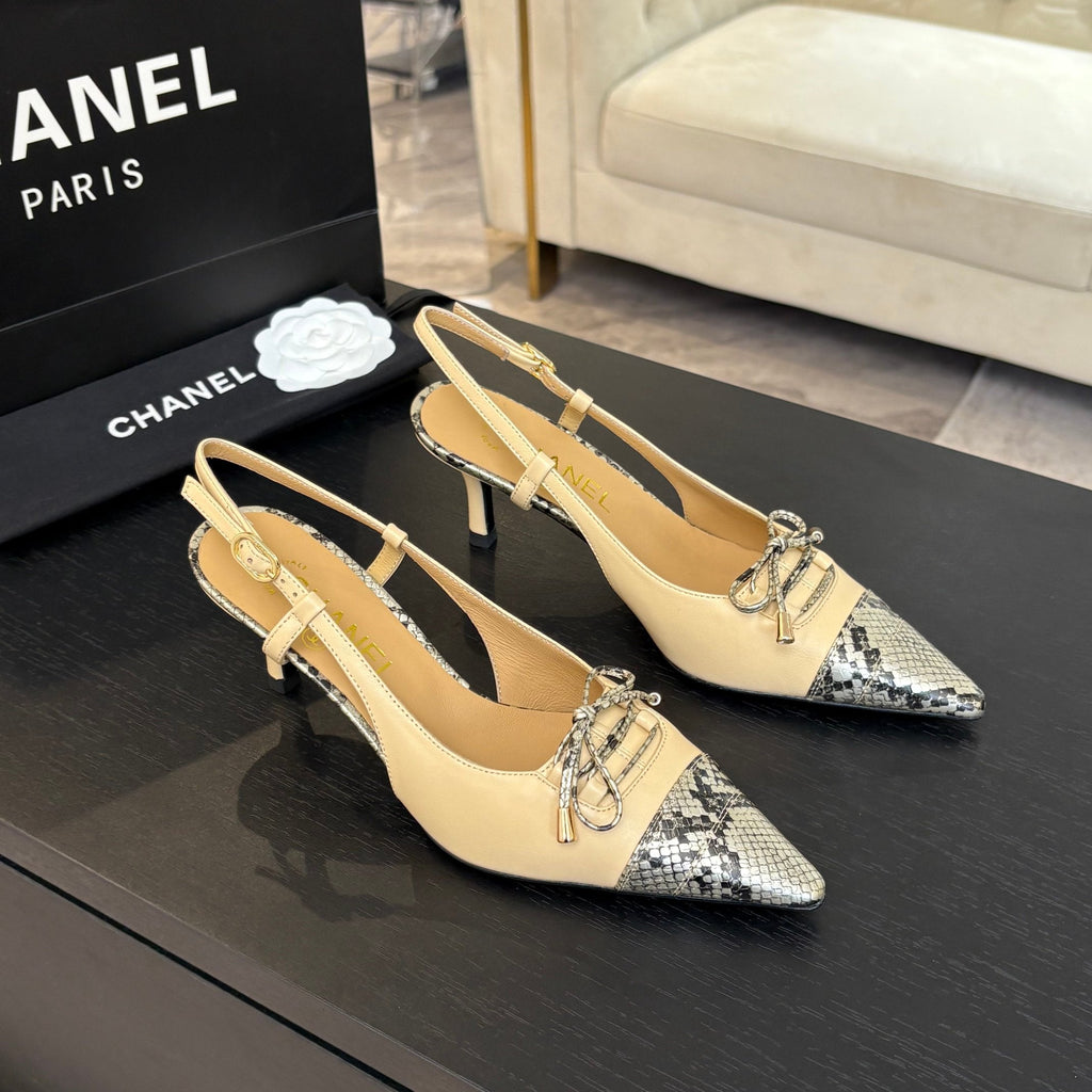 Chanel High Heel Slingbacks 65 mm in Flax Yellow with Snakeskin Pattern Lambskin