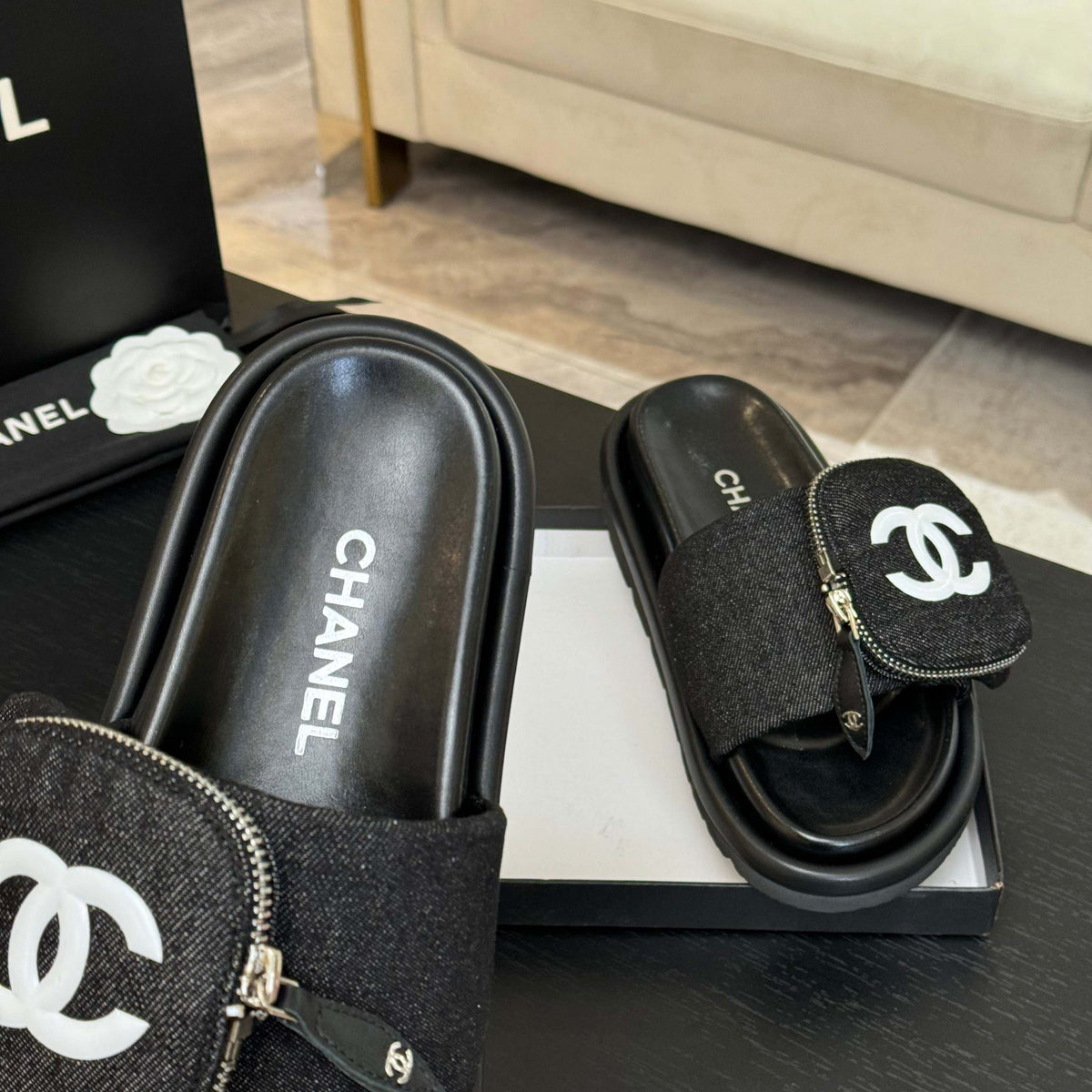 Chanel Slide in Black Denim Fabric 45 mm