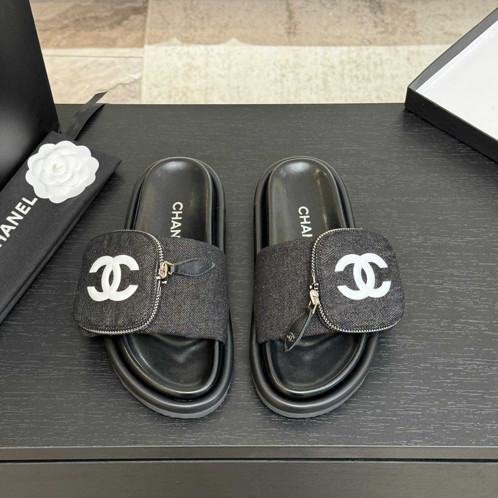 Chanel Slide in Black Denim Fabric 45 mm