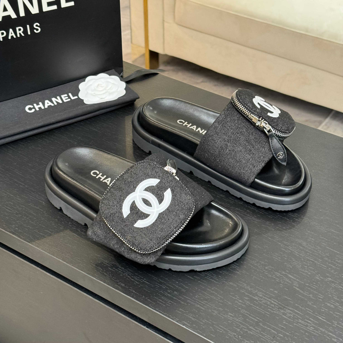 Chanel Slide in Black Denim Fabric 45 mm