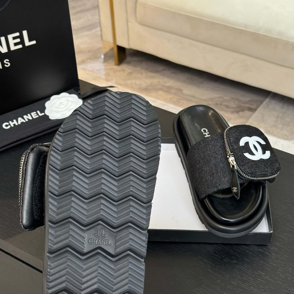Chanel Slide in Black Denim Fabric 45 mm