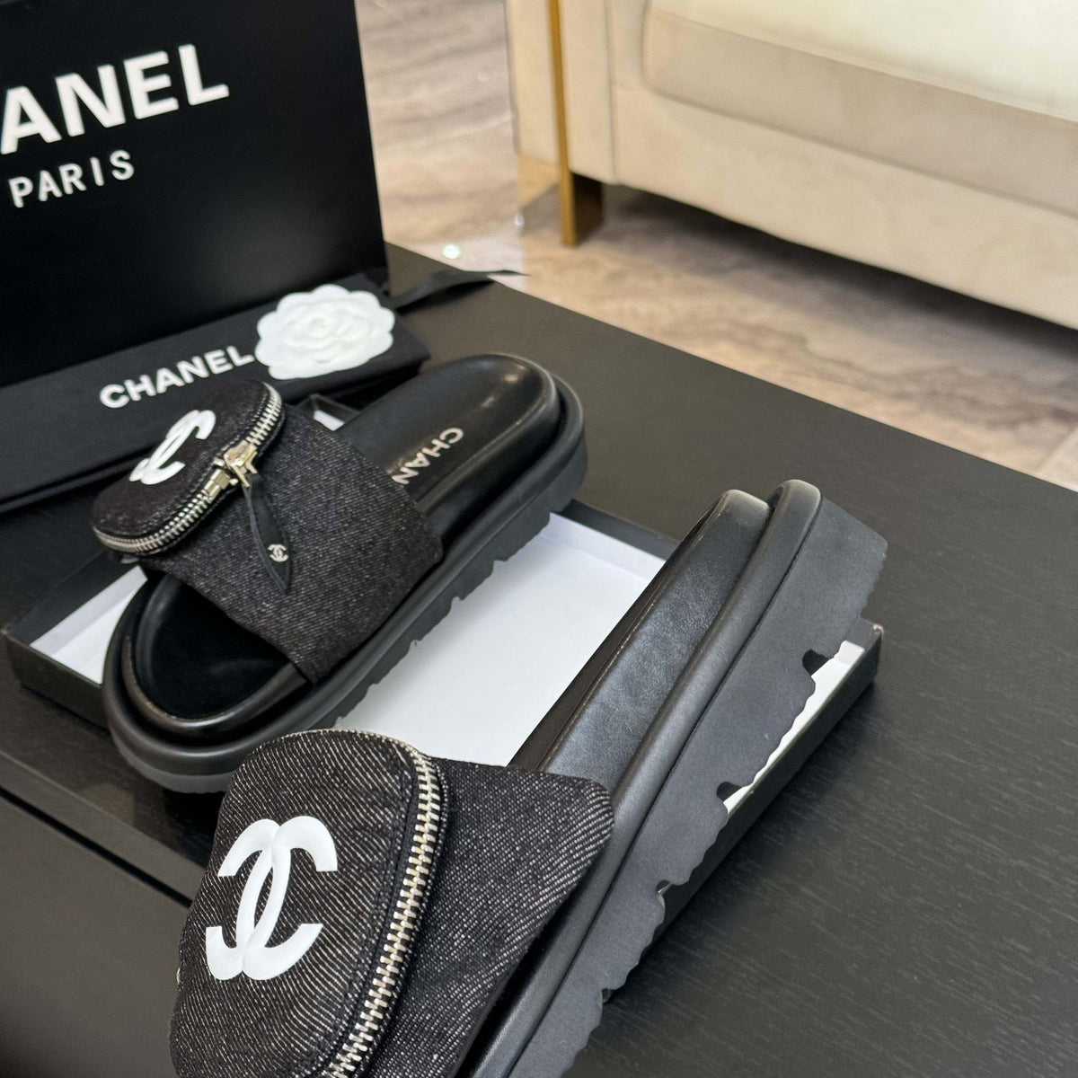 Chanel Slide in Black Denim Fabric 45 mm