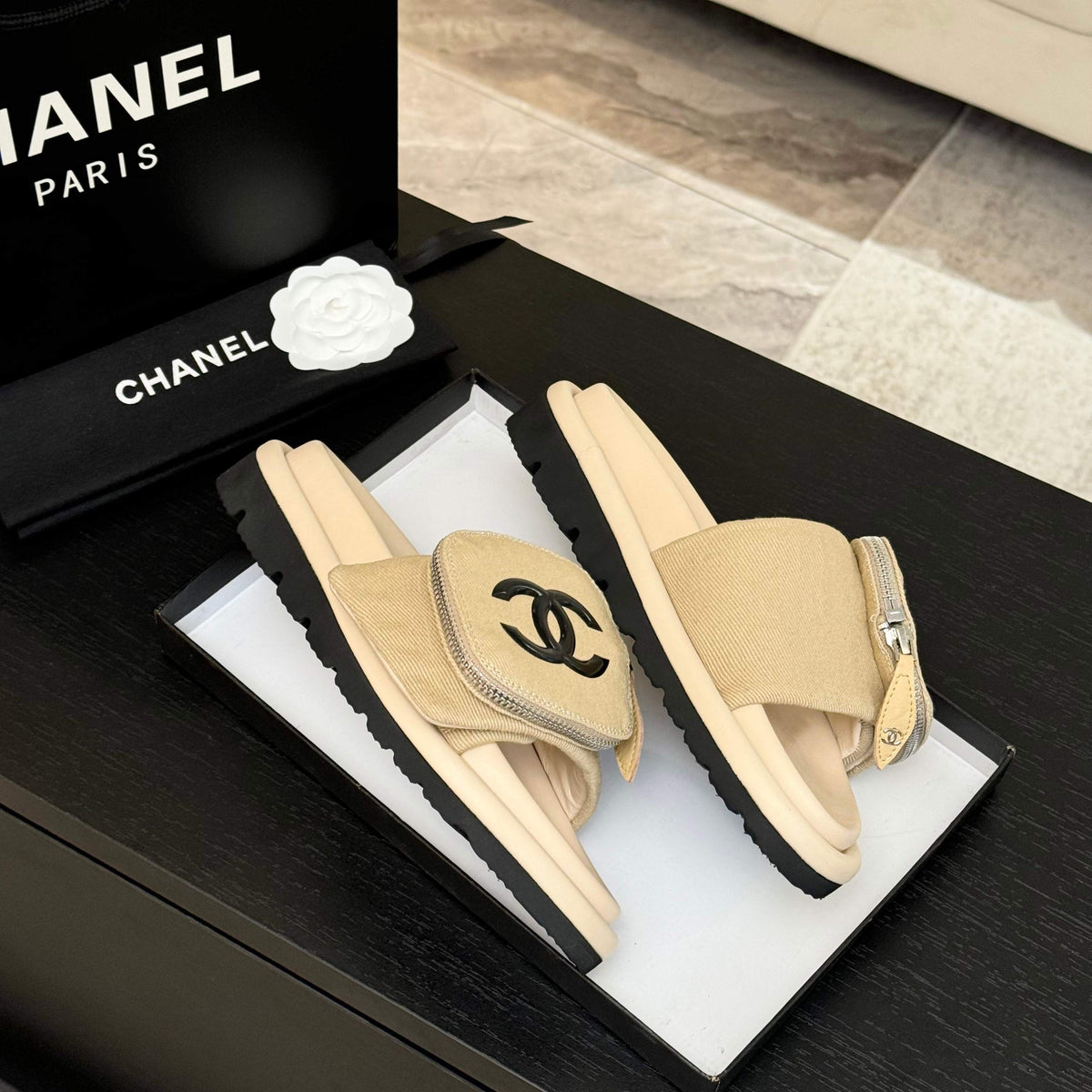 Chanel Slide in Light Yellow Denim Fabric 45 mm
