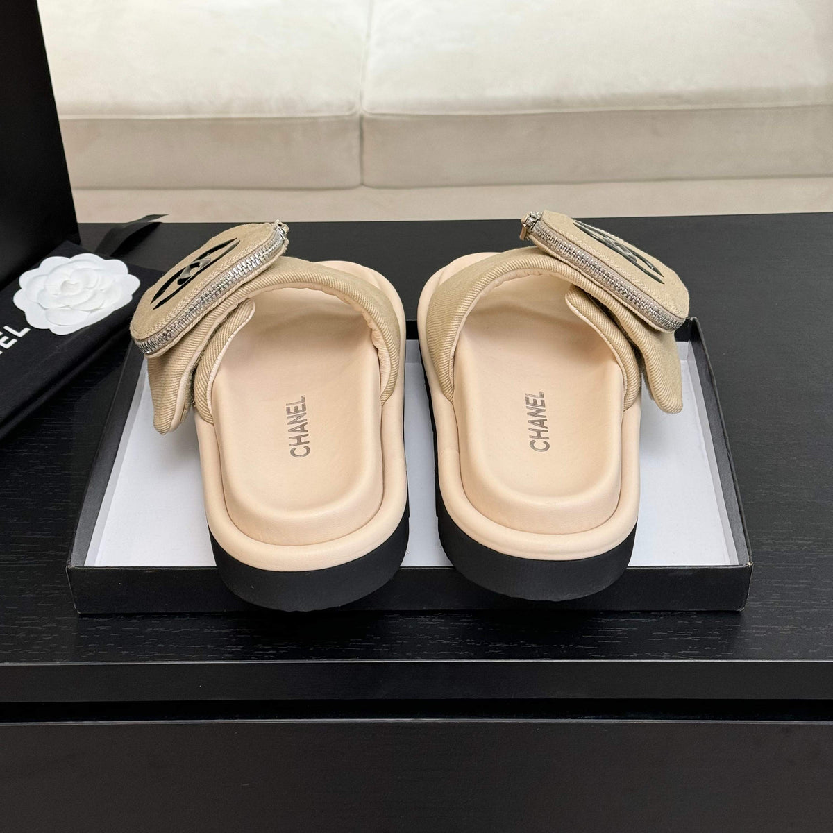 Chanel Slide in Light Yellow Denim Fabric 45 mm
