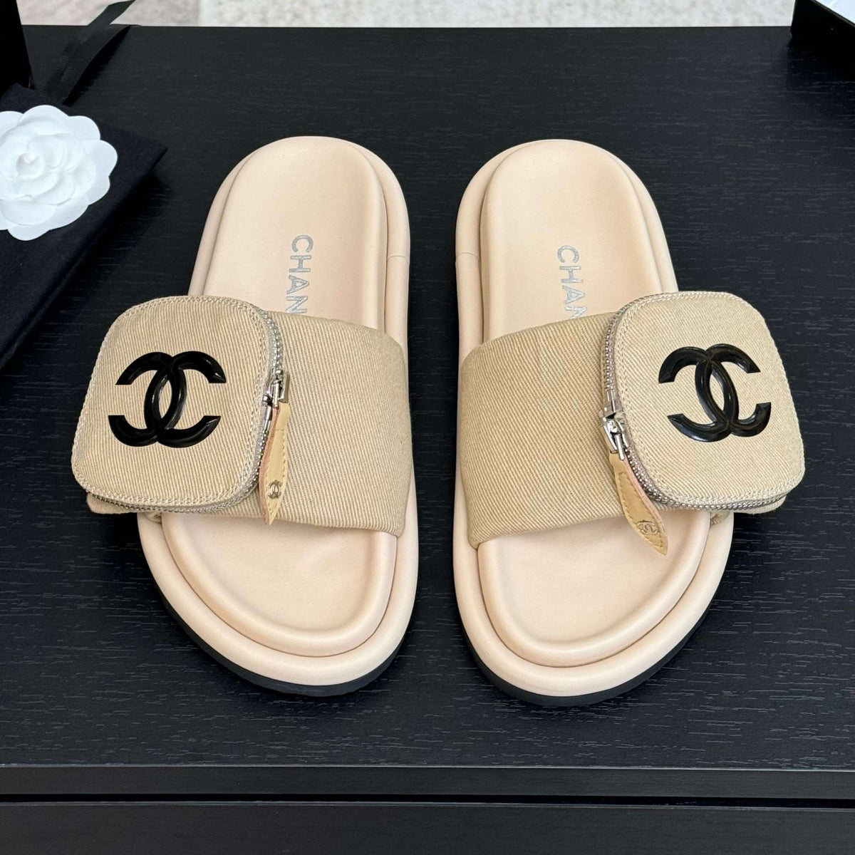 Chanel Slide in Light Yellow Denim Fabric 45 mm