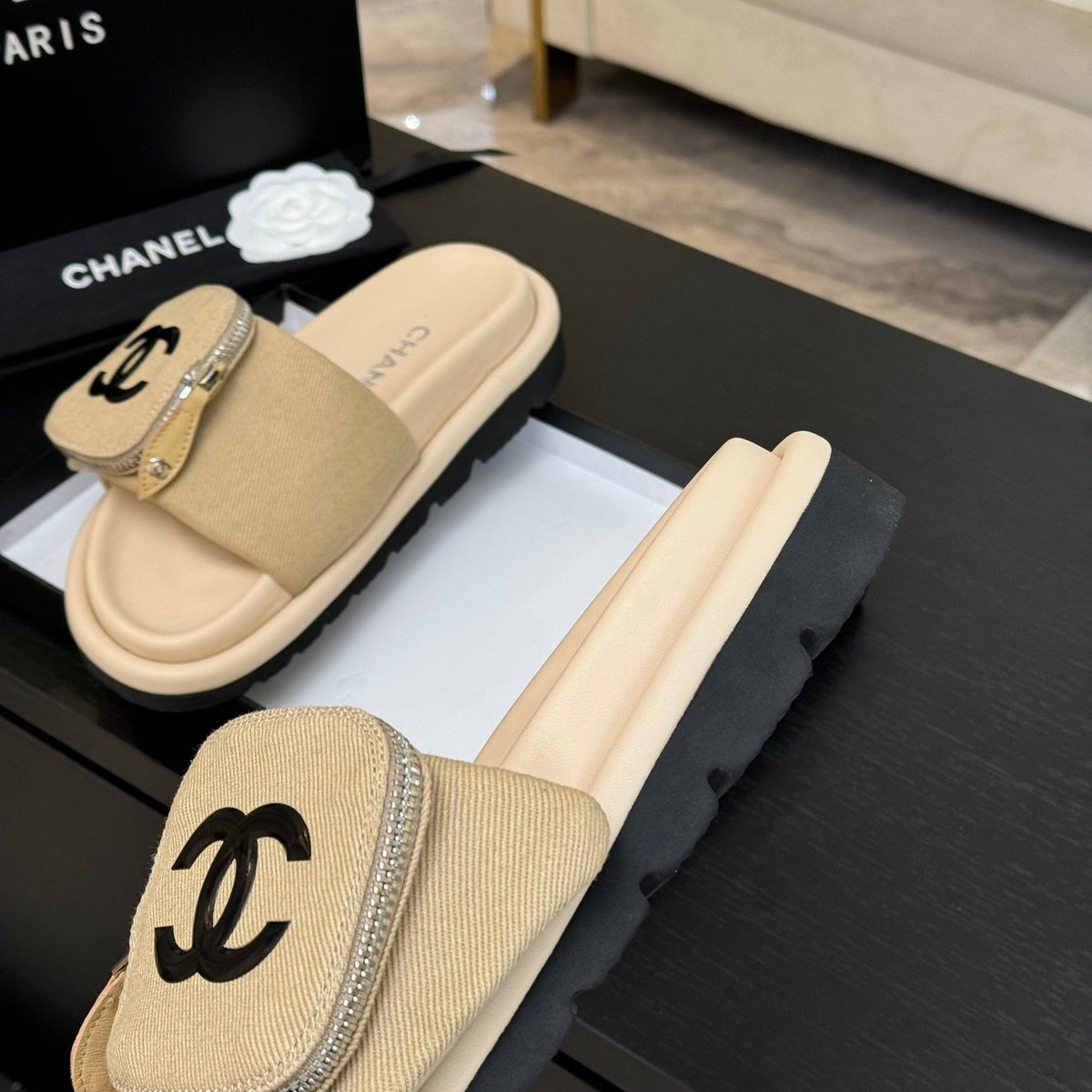 Chanel Slide in Light Yellow Denim Fabric 45 mm