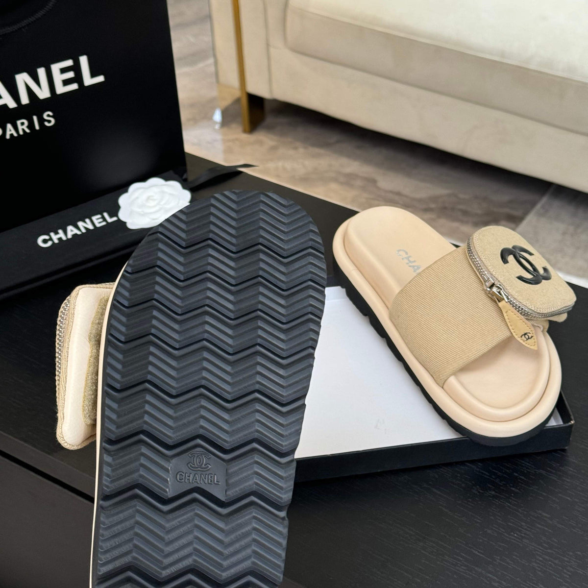 Chanel Slide in Light Yellow Denim Fabric 45 mm