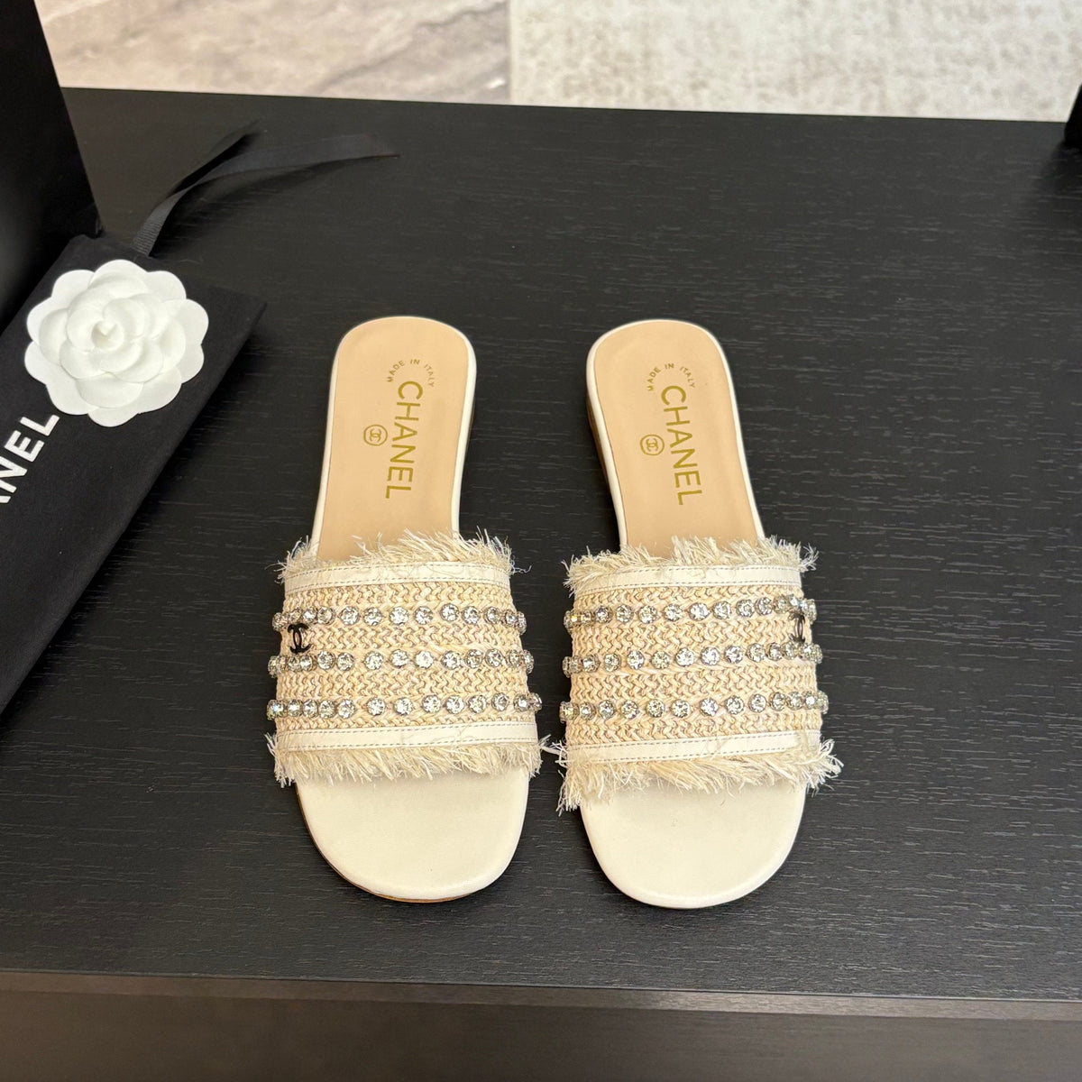 Chanel Flat Sandals Beige and White with Crystals