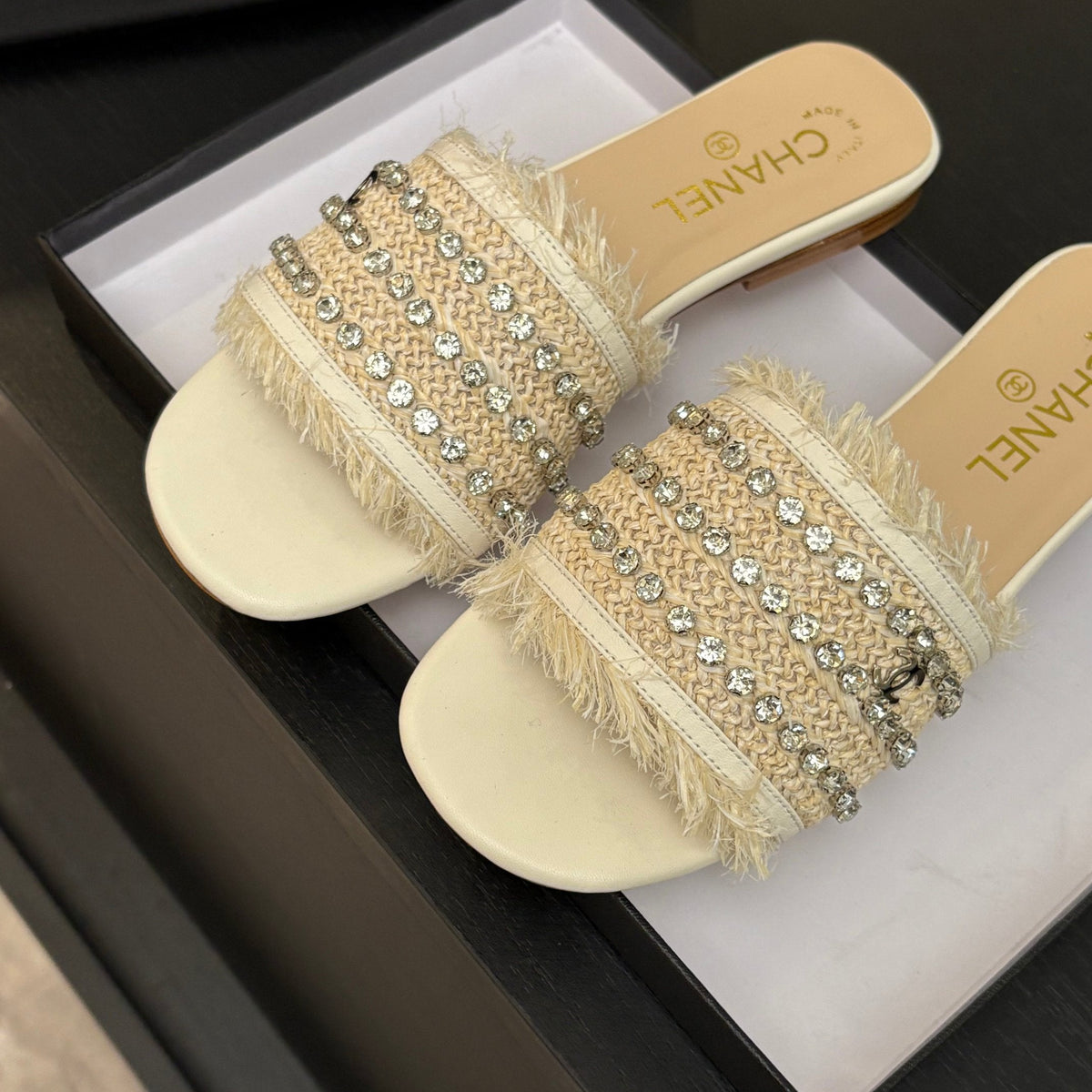 Chanel Flat Sandals Beige and White with Crystals