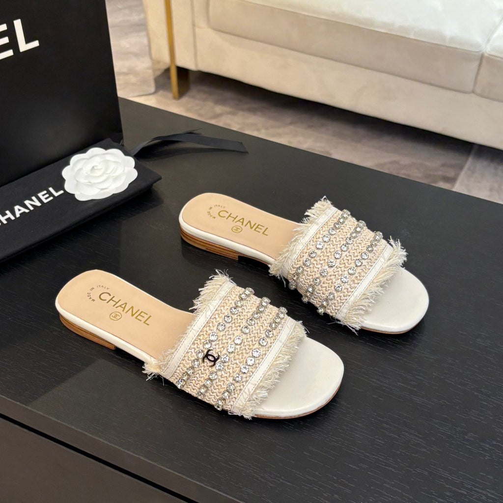 Chanel Flat Sandals Beige and White with Crystals