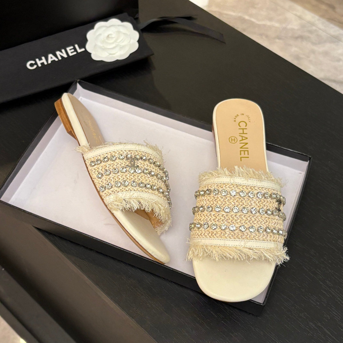 Chanel Flat Sandals Beige and White with Crystals