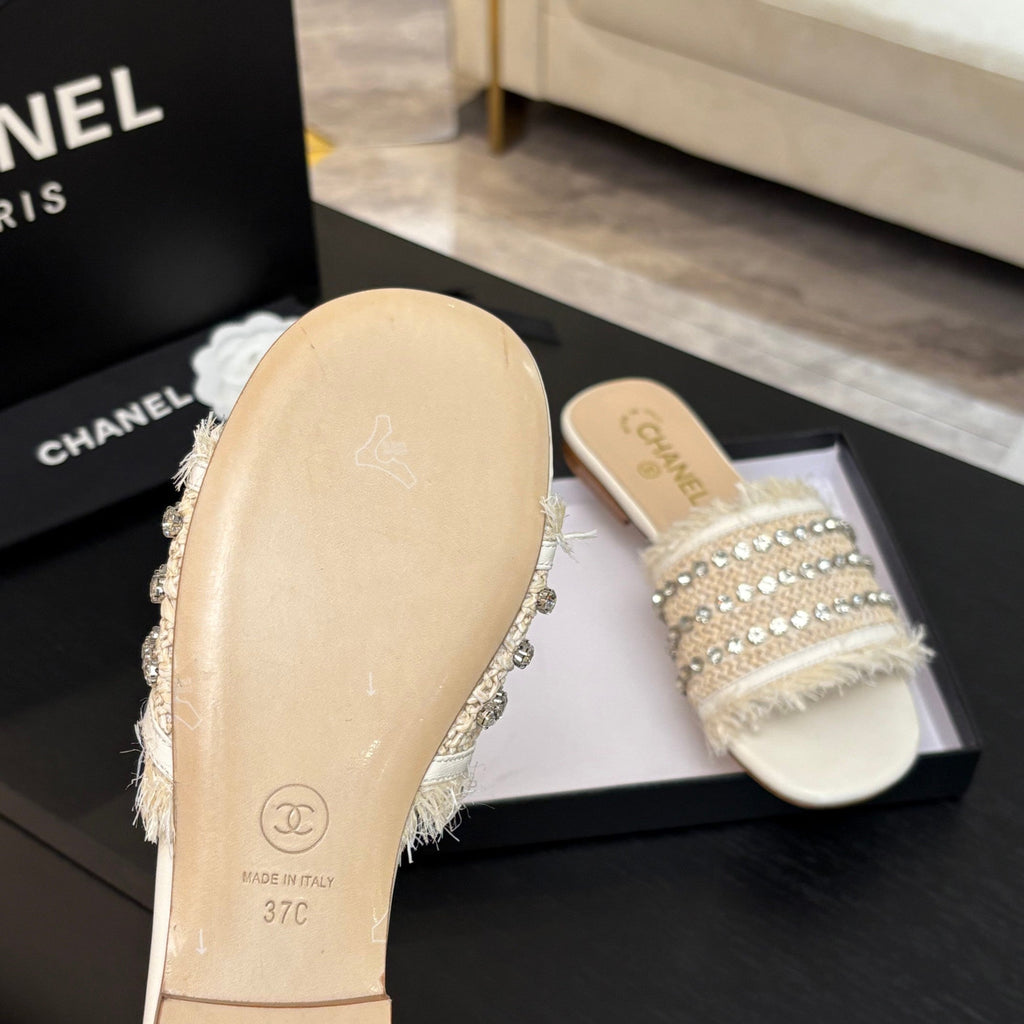 Chanel Flat Sandals Beige and White with Crystals