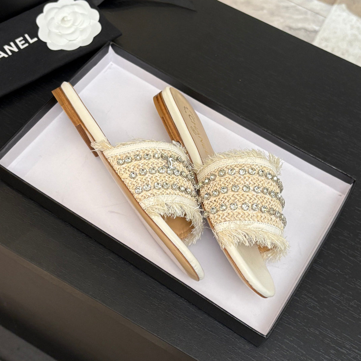 Chanel Flat Sandals Beige and White with Crystals
