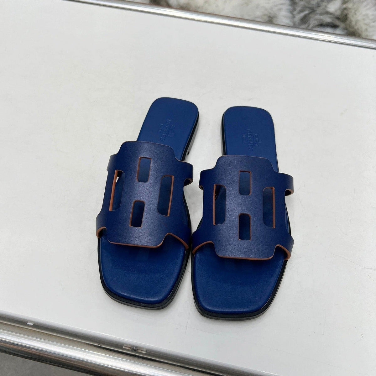 Hermes Flatform Sandal Navy Calfskin