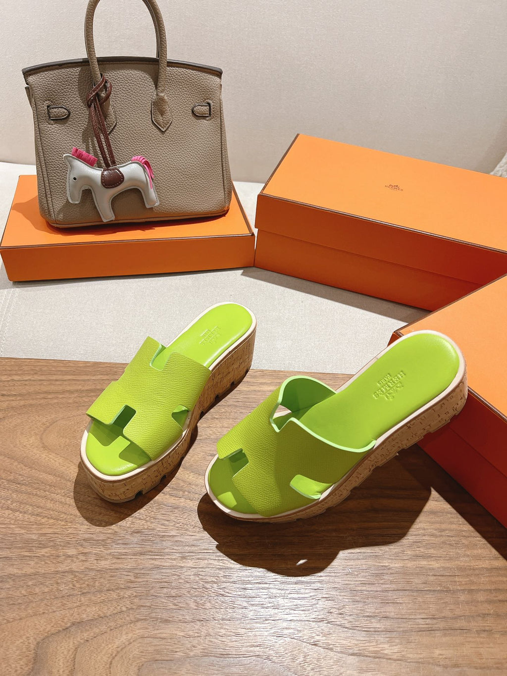 Hermes 25S High Wedge Sandals in Spring Green Lambskin Style 22