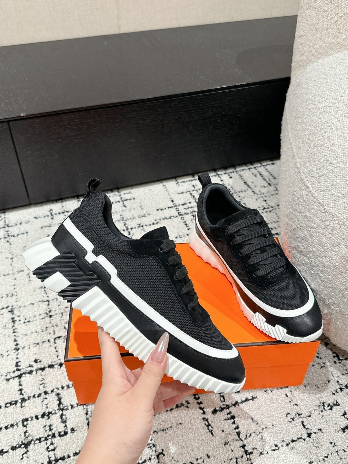 Hermes Bouncing Sneaker in Black Mix White Calfskin and Fabric