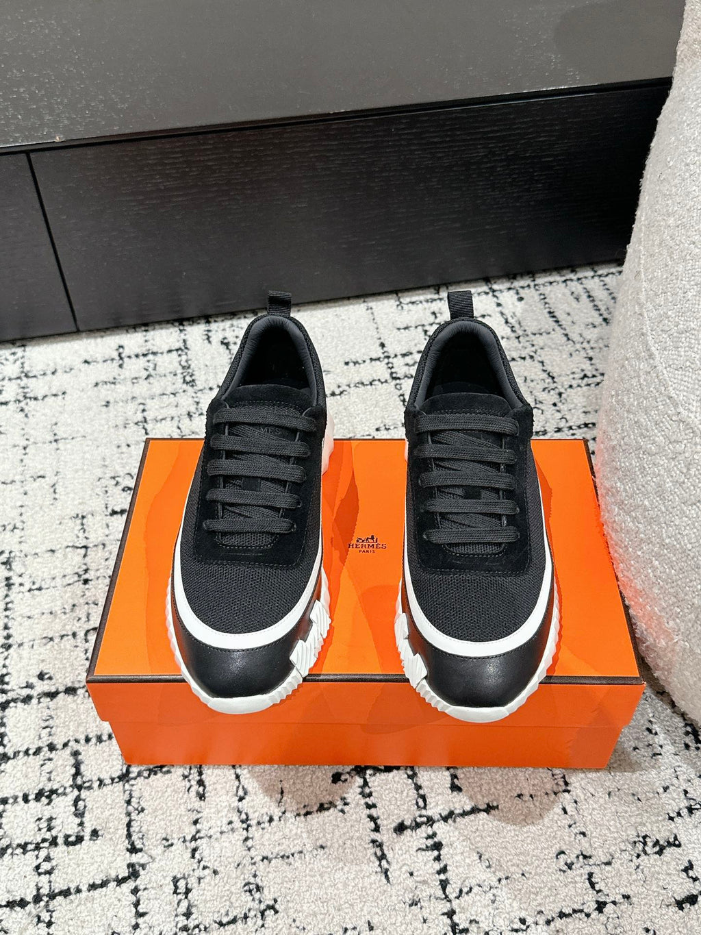 Hermes Bouncing Sneaker in Black Mix White Calfskin and Fabric