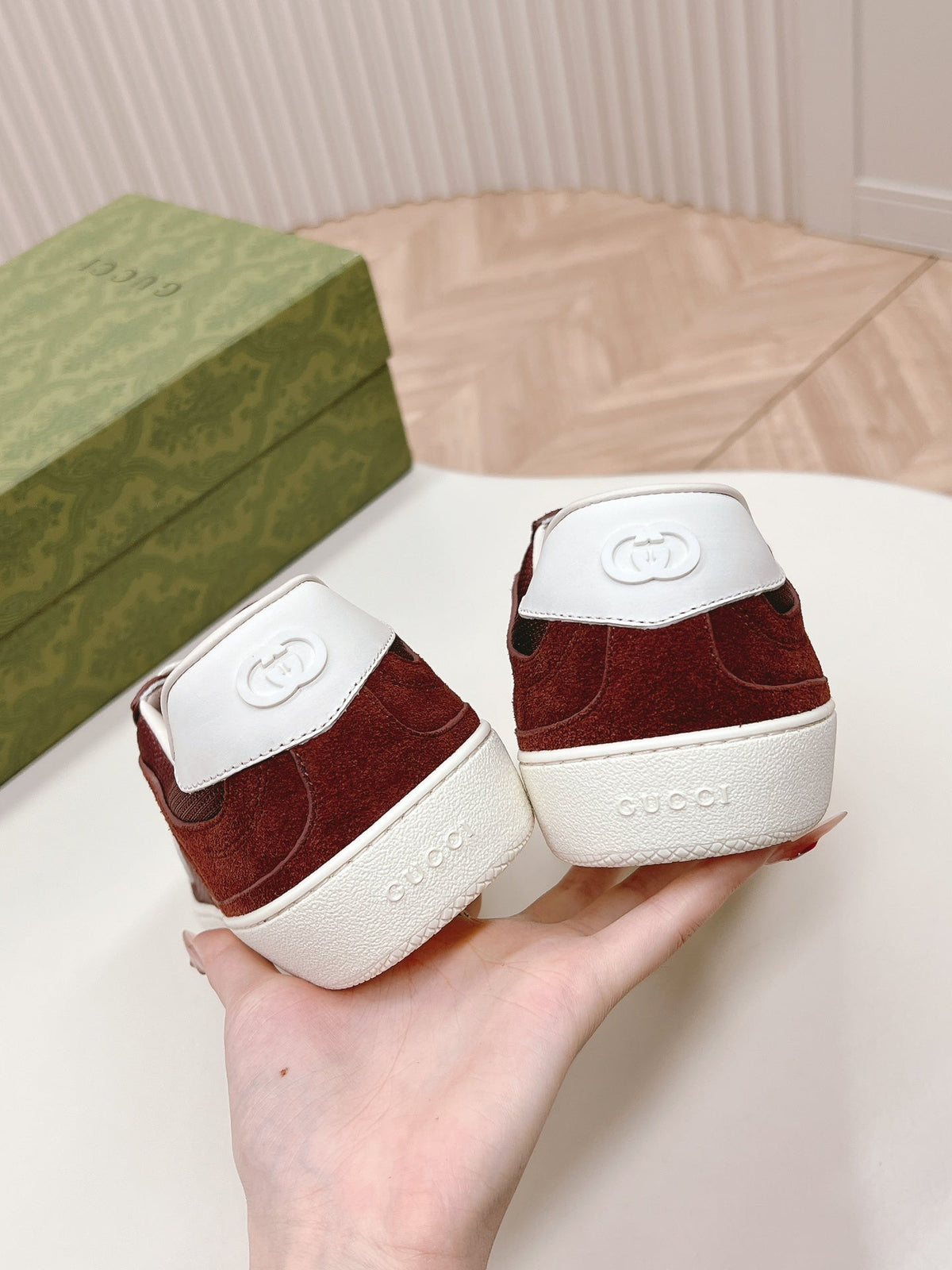 Gucci Sneaker with Interlocking G in Garnet Red Suede and Mesh